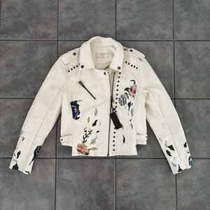 Blank NYC Off White Faux Leather Jacket with Floral Embroidery Medium